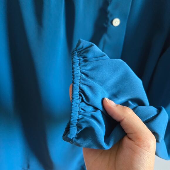 Allegra K. Blue Square Neck Long Sleeve Elastic Waist Button Blouse Shirt - Picture 5 of 7